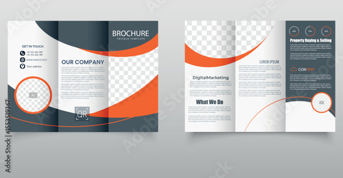 Corporate Orange and Blue Trifold Brochure Template for Business Promotion. Modern red and blue trifold brochure template with geometric design elements, perfect for business advertising, marketing.