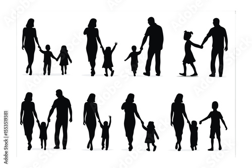 Family Silhouette Walk: Various silhouetted figures of parents and children strolling together, depicting moments of togetherness, love, and familial connection.