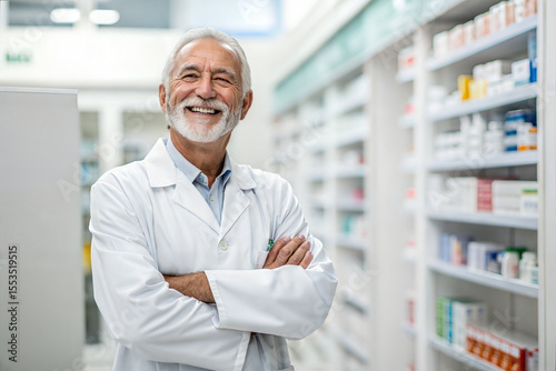 Smiling pharmacist standing in his pharmacy with arms crossed