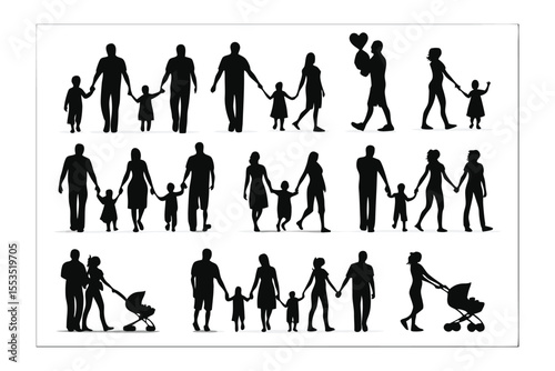Family Silhouette Collection: A diverse collection of family silhouettes, depicting various family compositions in a simple and classic silhouette style.
