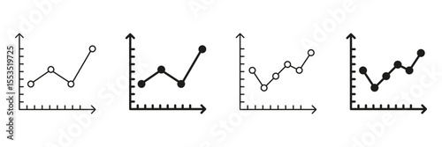 Line Graph Chart Line And Solid Icon Set. Data Analysis, Trend Visualization, And Business Growth Symbol Collection. Statistical Representation And Performance Tracking. Isolated Vector Illustration