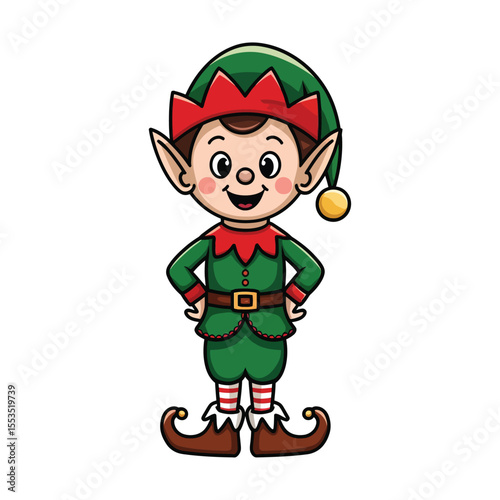 A festive cartoon illustration of a friendly Christmas elf standing with hands on hips and a cheerful smile