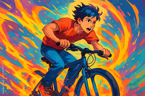 Young boy riding bicycle with fiery background in dynamic style  