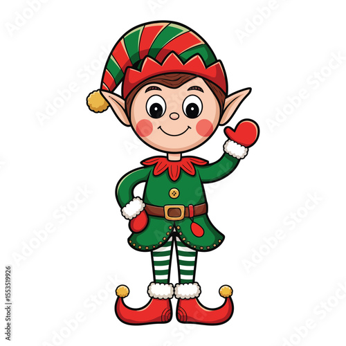 Create a playful cartoon illustration of a friendly Christmas elf waving with a cheerful smile.