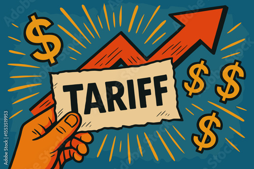 Hand holding tariff sign with upward trend and dollar symbols  