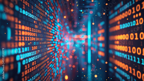 Futuristic glowing code wall with streaming data and encrypted visuals in orange, red, and cyan. Ideal for cybersecurity, hacking, or digital tech themes.