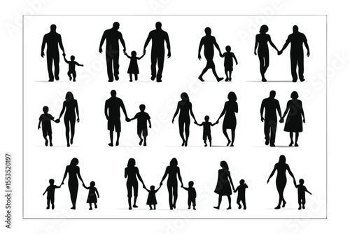 Family Silhouette: A collection of silhouettes depicting family in various walking poses, creating a sense of connection and togetherness, Perfect for themes related to family.