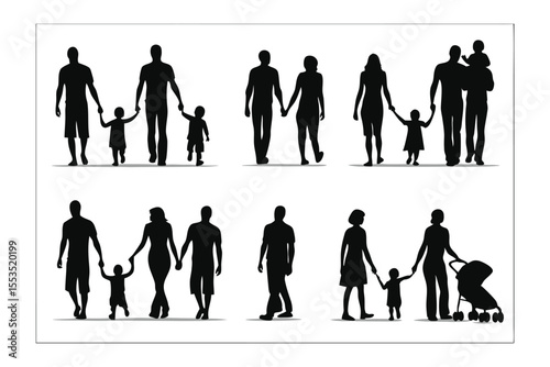 Family silhouette and Holding Hands: Silhouettes of diverse families holding hands, walking together, and embracing the bond of togetherness, creating a sense of unity and love.
