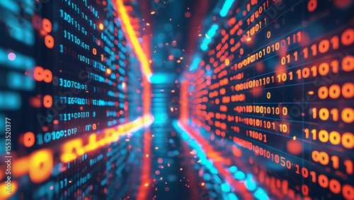 High tech digital wall filled with colorful encrypted streams and binary effects. Best for futuristic, immersive cyber backdrops.