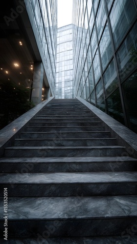 Ascending staircase inside a modern business tower