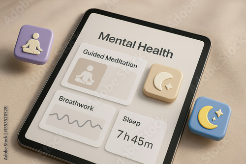 Mental health app interface on tablet showing guided meditation, breathwork, and sleep tracking with colorful icons for meditation and sleep, promoting wellness and relaxation