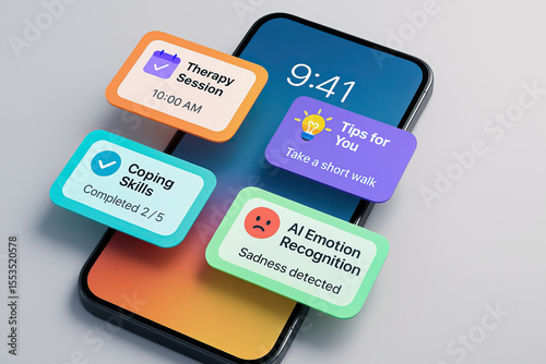 AI emotion recognition therapy session coping skills mental health app smartphone screen digital notification sadness detected tips for you short walk advice mobile technology emotional support