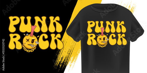 Punk Rock T Shirt Design Vector, Bold Yellow Lettering with Edgy Character, Skull Face, Chain, Pink Hair, Urban Grunge Style, Modern Youth Apparel, Music Lifestyle Graphic Art Print