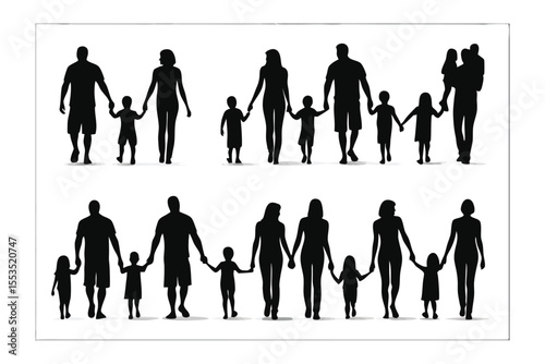 Silhouette of Families Walking Together: A series of evocative silhouettes depict families in various compositions, united by holding hands. These illustrations capture the essence of togetherness.