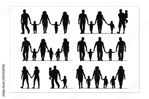 Family silhouette set: An array of family silhouettes, showcasing various family configurations, from nuclear units to single-parent arrangements. The focus is on unity, connection.