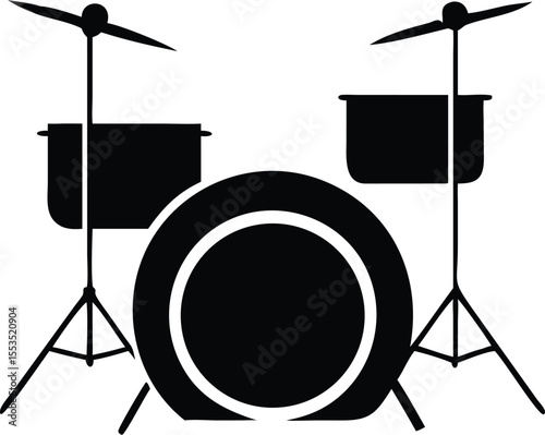 Drum set depicted with snare, cymbals, and tom toms is displayed in solid black over transparent