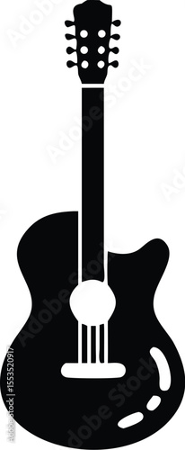 Silhouette of a black acoustic guitar with a round sound hole is displayed on white