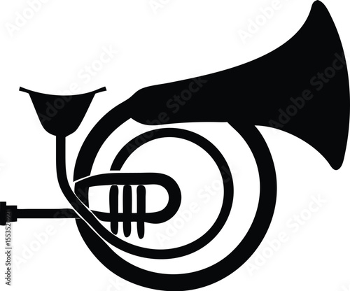 Black bugle silhouette demonstrates elegance, conveying musical artistry and simplistic charm in a clean, artistic way