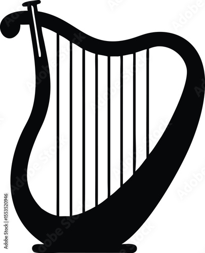 A simple black harp displays classical musical elegance on a transparent background