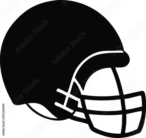 A monochrome football helmet side view shows classic protective gear in solid black against white