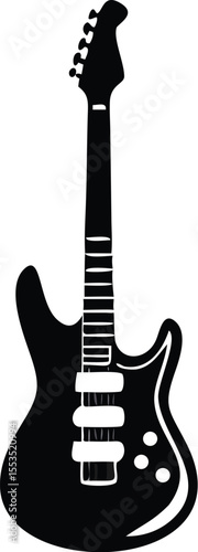 Black electric guitar detailed silhouette showcases a distinct solid body design with transparent background