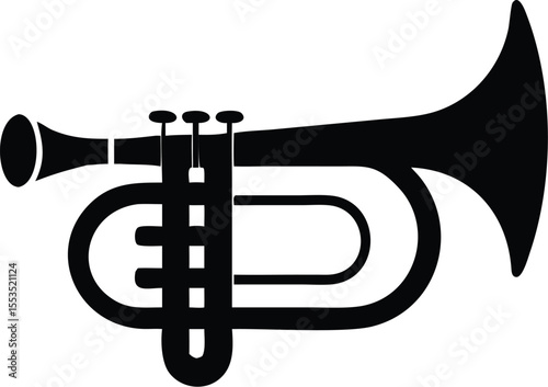 A simple black silhouette presents a trumpet, rendered over a transparent background