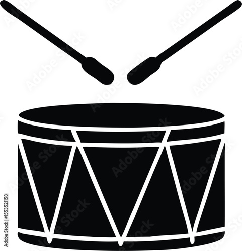 Black and white drum with drumsticks hover above, transparent background is visible