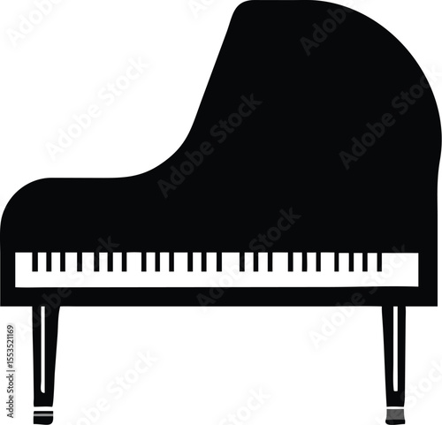 A simplified black and white grand piano stands alone with a transparent background