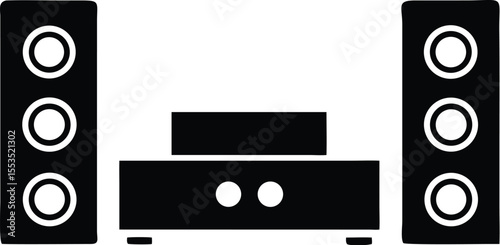 A black solid audio stereo system includes speakers and receiver, shown on transparent background