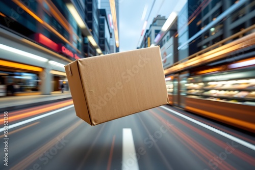 Box in Transit: A cardboard box levitates in mid-air, gliding seamlessly along a bustling urban avenue, conveying swift delivery and efficient logistics.