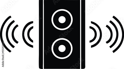 Black rectangle speaker emits sound waves on both sides, displayed on a transparent background