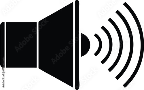 Black speaker icon broadcasts sound waves on white transparent background, demonstrating audio projection
