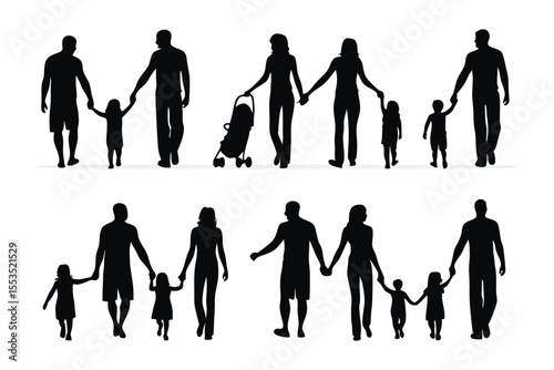 Family Silhouettes Collection: A collection of diverse family silhouettes, depicting parents and children holding hands and strolling together, symbolizing family unity and togetherness.  