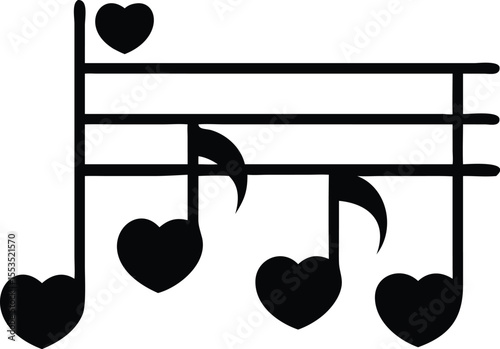 Musical staff displays heart shaped notes symbolizing love through the harmony on transparent background