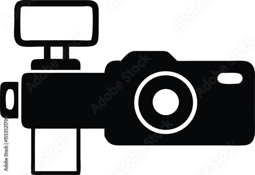 Black camera with the flash is featured in this icon with transparent background