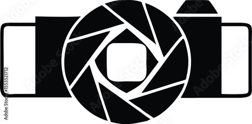 A black camera emblem showcases an elaborate iris lens design against a transparent background