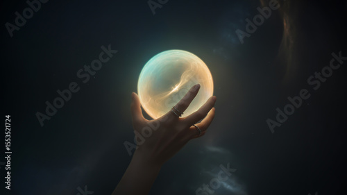 A hand holding a glowing orb with light emanating from it against a dark and moody background