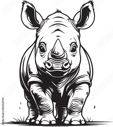 Baby Rhino Portrait: Captivating black and white portrait of a baby rhinoceros with a prominent horn, displaying innocence and charm through its adorable features.