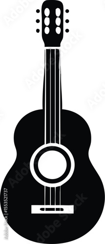 Single black acoustic guitar icon is viewed directly on a transparent background