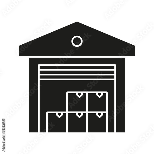 Warehouse With Boxes Solid Icon. Storage Facility, Inventory Management, And Logistics Silhouette Symbol. Efficient Supply Chain Operations. Isolated Vector Illustration