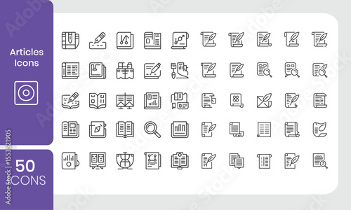 Collection of fifty minimalistic articles and documentation icons for various purposes