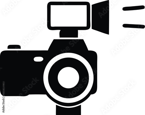Black camera icon showcases lens and flash on a solid white transparent background