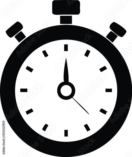 An isolated black stopwatch shows time passing on a transparent white background