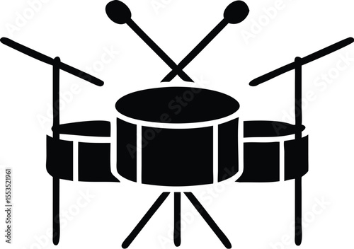 Black drum set has drum sticks lying across it on a transparent background