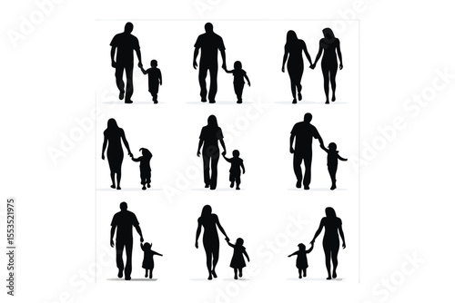 Family Silhouette's Bond: The unwavering bond of family is depicted through a series of silhouettes, showcasing parents holding their child's hand as they walk together, portraying themes of love.