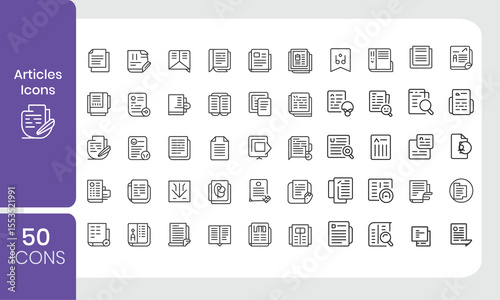 Collection of line art article document icons for various digital and print applications