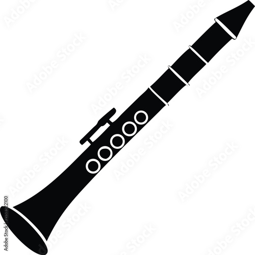 A monochrome clarinet silhouette elegantly features a musical wind instrument with smooth lines on transparent background