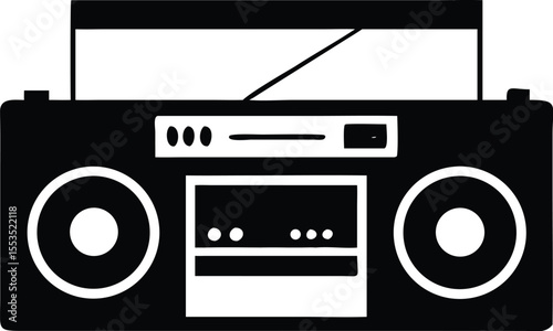 Classic black and white boombox stereo cassette player stands ready on a transparent background