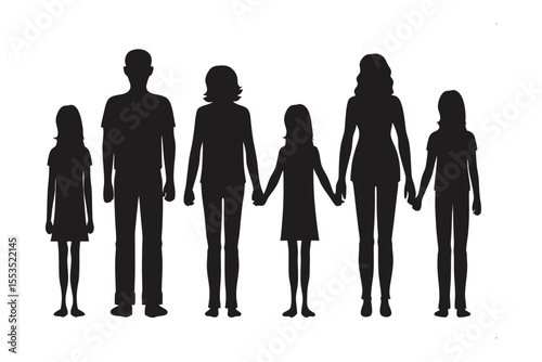 Family Silhouette Holding Hands: A united family stands together, their silhouettes holding hands, symbolizing unity and togetherness, creating a heartfelt representation of family bonds.