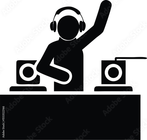Silhouette person raises arm wearing headphones next to turntables with transparent background